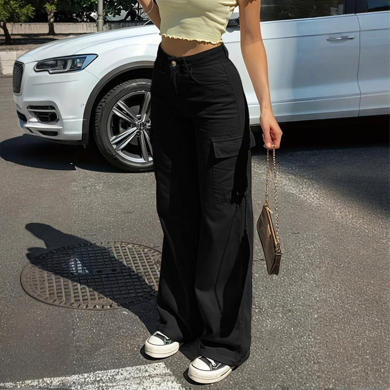Women's Solid Color Wide Leg Pants With 4 Pockets