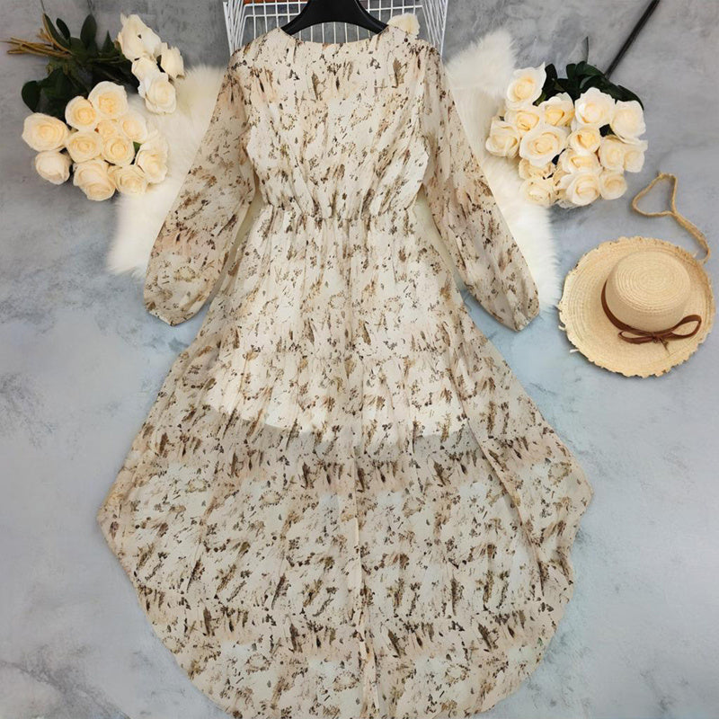 Women's Deep V-Neck Floral Print Long Sleeve Dress