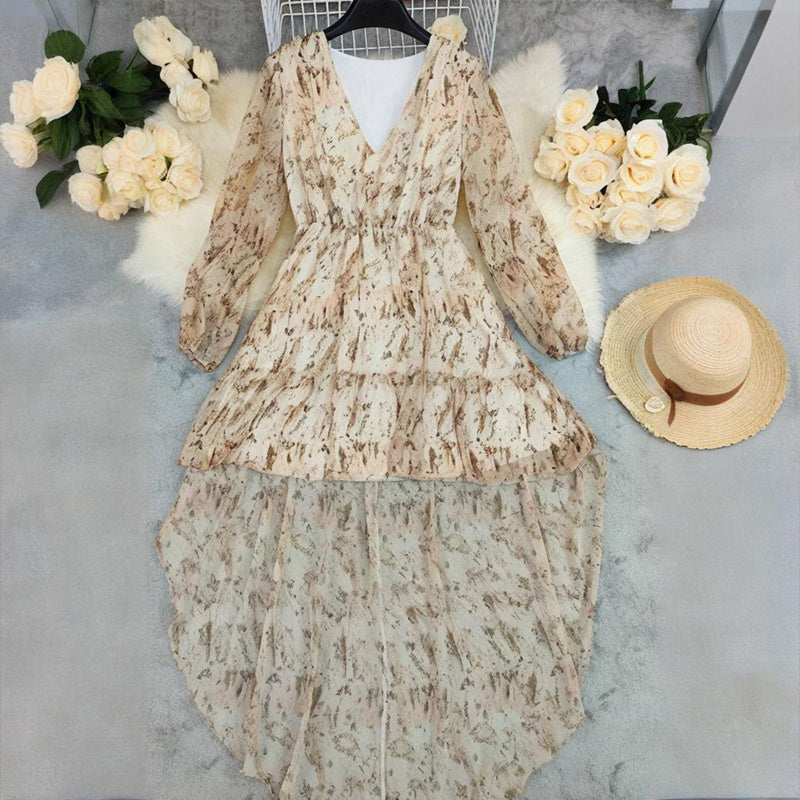 Women's Deep V-Neck Floral Print Long Sleeve Dress