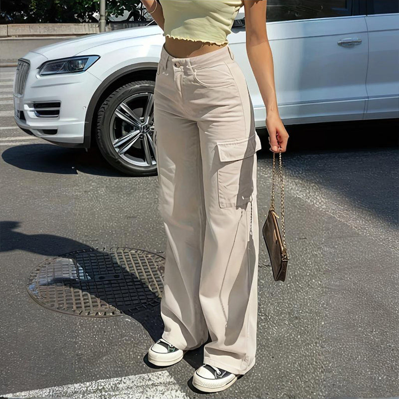 Women's Solid Color Wide Leg Pants With 4 Pockets